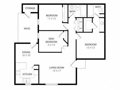 Floor plan for 3 beds, 2 baths, 1145 sqft